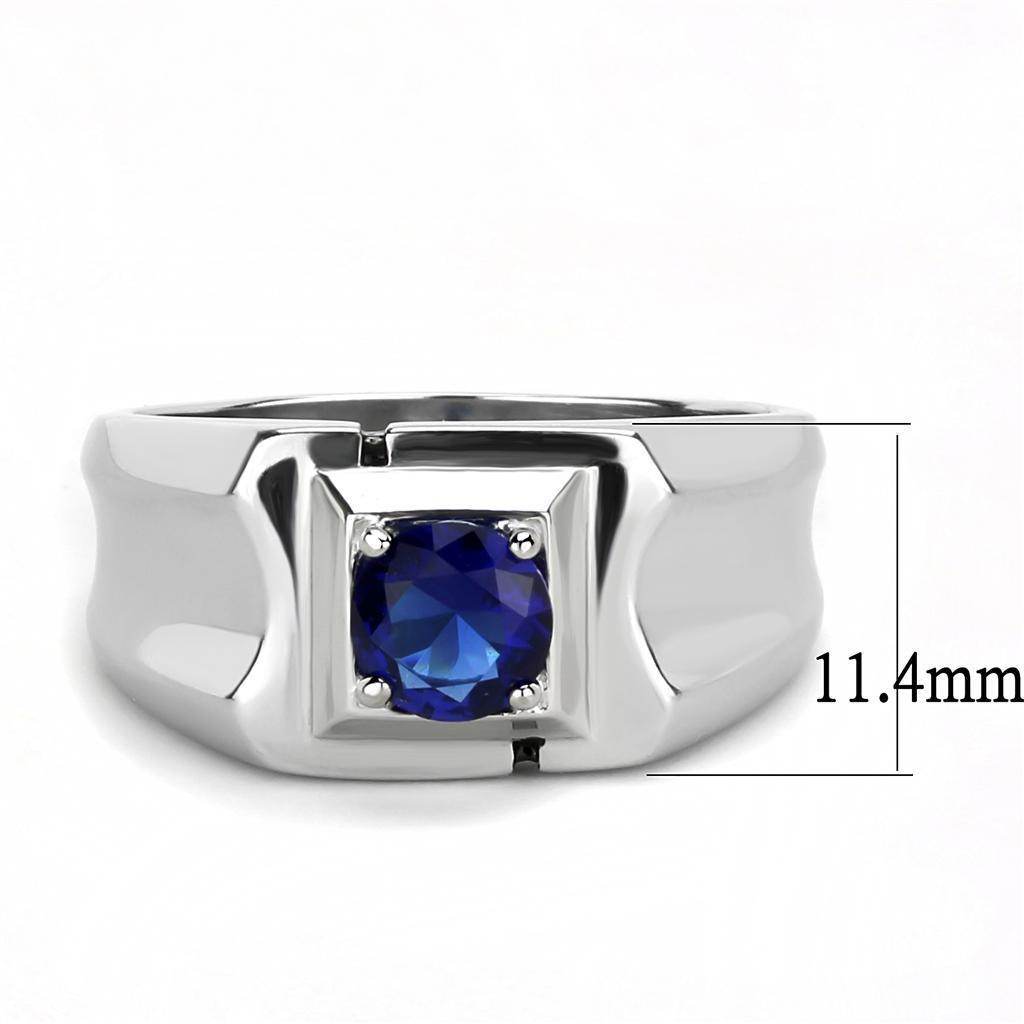 Men's synthetic blue glass ring in polished silver setting with a bold design