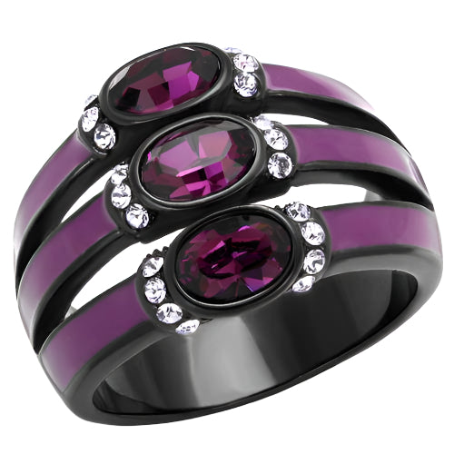 VacationGrabs synthetic crystal amethyst ring featuring three oval stones with sparkling accents