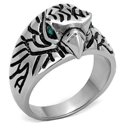 Men's synthetic crystal eagle ring with detailed eagle design and green crystal accents