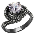 Stylish synthetic crystal fashion rings with a large central stone and shimmering accents on a black band