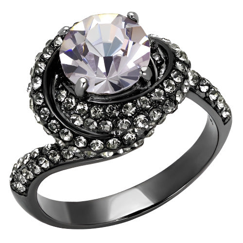 Stylish synthetic crystal fashion rings with a large central stone and shimmering accents on a black band