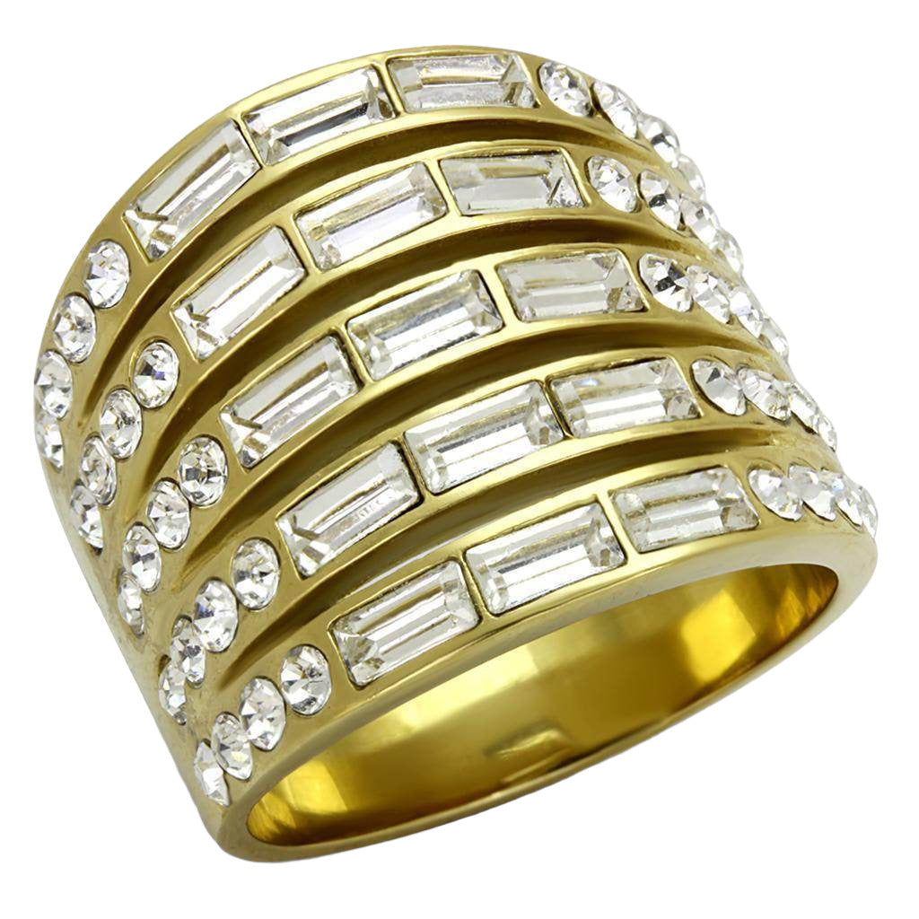 Gold-tone synthetic crystal fashion rings with layered design and sparkling gemstones