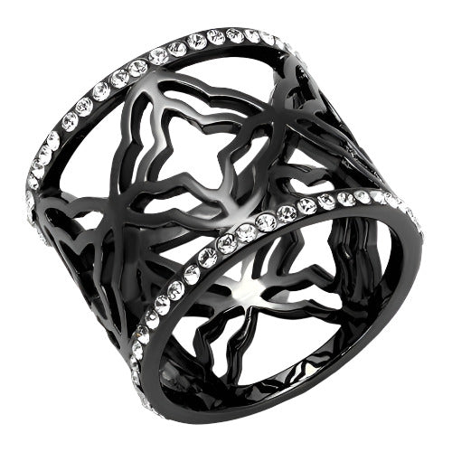Black Women's Ring with Intricate Design and Sparkling Stones, featuring synthetic crystal jewelry accents