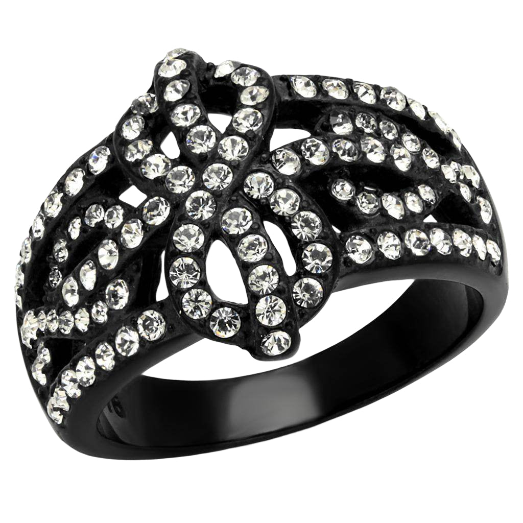 Black ring with intricate design and sparkling stones, perfect synthetic crystal jewelry for women