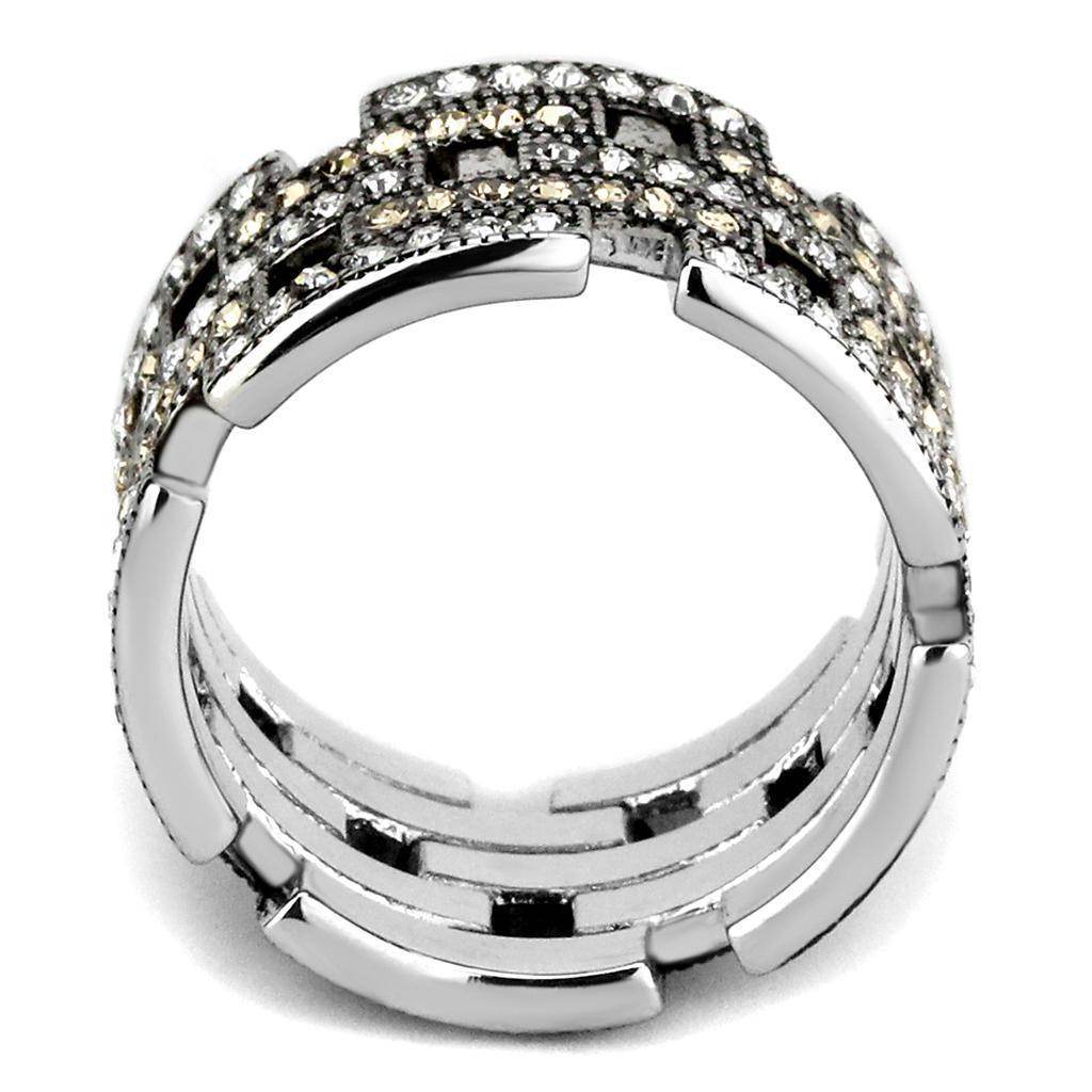Stylish women's ring featuring synthetic crystal jewelry with intricate design and polished silver finish
