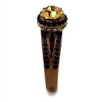 Stylish women's ring featuring a large synthetic crystal jewelry centerpiece and intricate band design