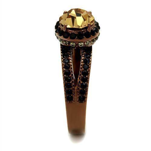 Stylish women's ring featuring a large synthetic crystal jewelry centerpiece and intricate band design