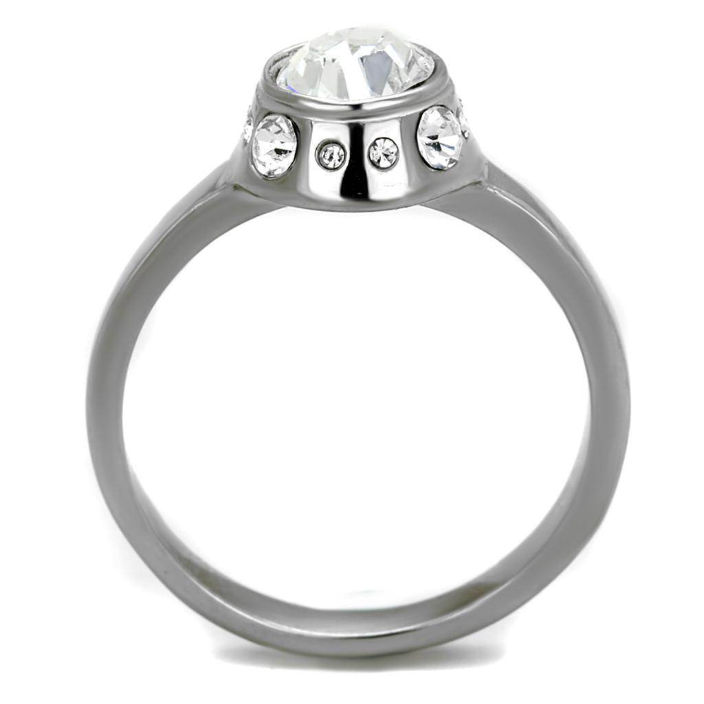 Elegant women's ring featuring a large synthetic crystal jewelry centerpiece and smaller crystals for added sparkle