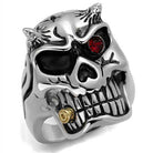 Men's synthetic crystal skull ring featuring a detailed design with red accents and metallic finish