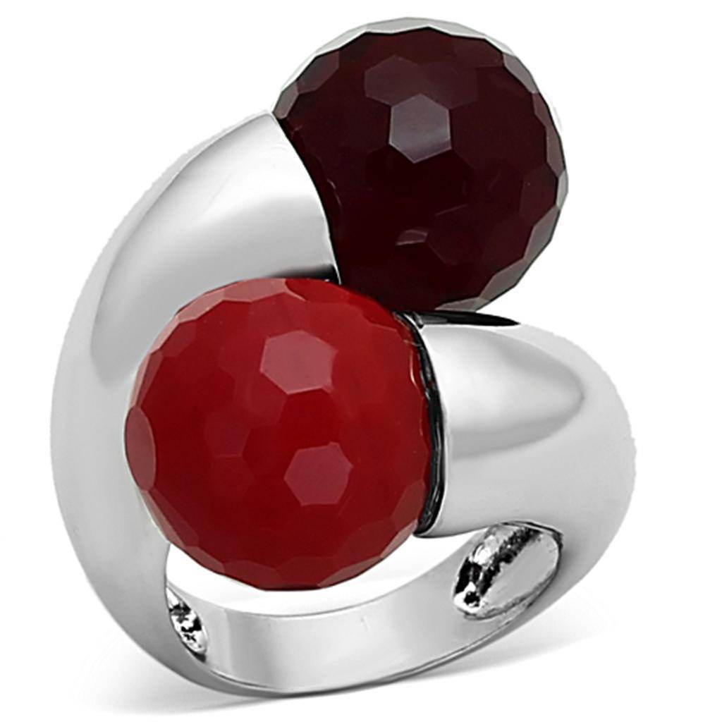 VacationGrabs synthetic gemstone fashion ring with two large red stones on a shiny silver band