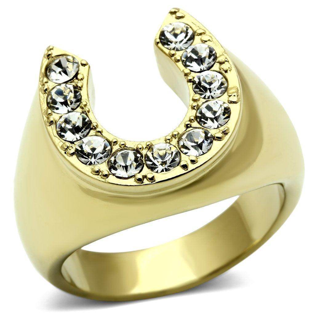Gold synthetic gemstone men's ring with a unique horseshoe design adorned with sparkling stones