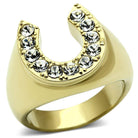Gold synthetic gemstone men's ring with a unique horseshoe design adorned with sparkling stones
