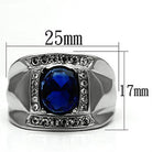 Stylish men's synthetic glass gemstone ring in silver tone with a large blue gem centerpiece