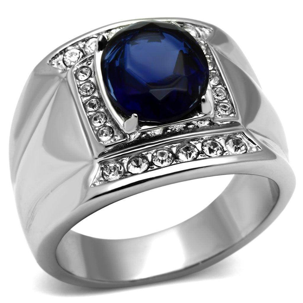 Men's synthetic glass gemstone ring featuring a large blue stone and sparkling accents on a silver band