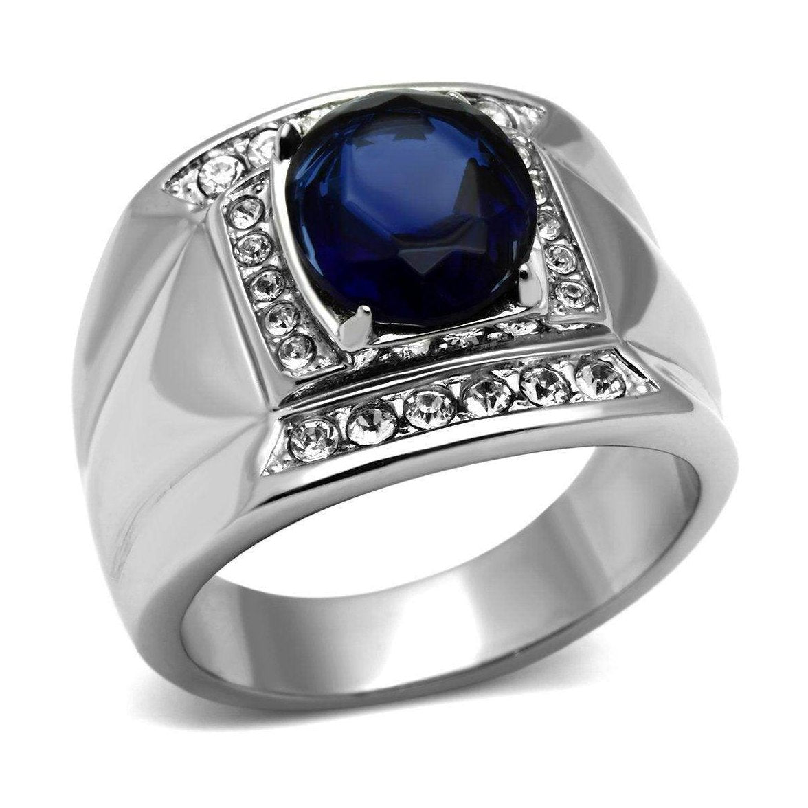 Men's synthetic glass gemstone ring featuring a large blue stone and sparkling accents on a silver band