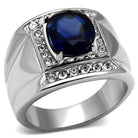 Men's synthetic glass gemstone ring featuring a large blue stone and sparkling accents on a silver band