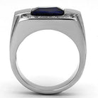 Men's silver ring featuring a blue synthetic glass gemstone ring with elegant design