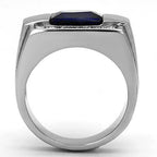 Men's silver ring featuring a blue synthetic glass gemstone ring with elegant design