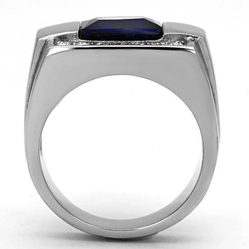 Men's silver ring featuring a blue synthetic glass gemstone ring with elegant design