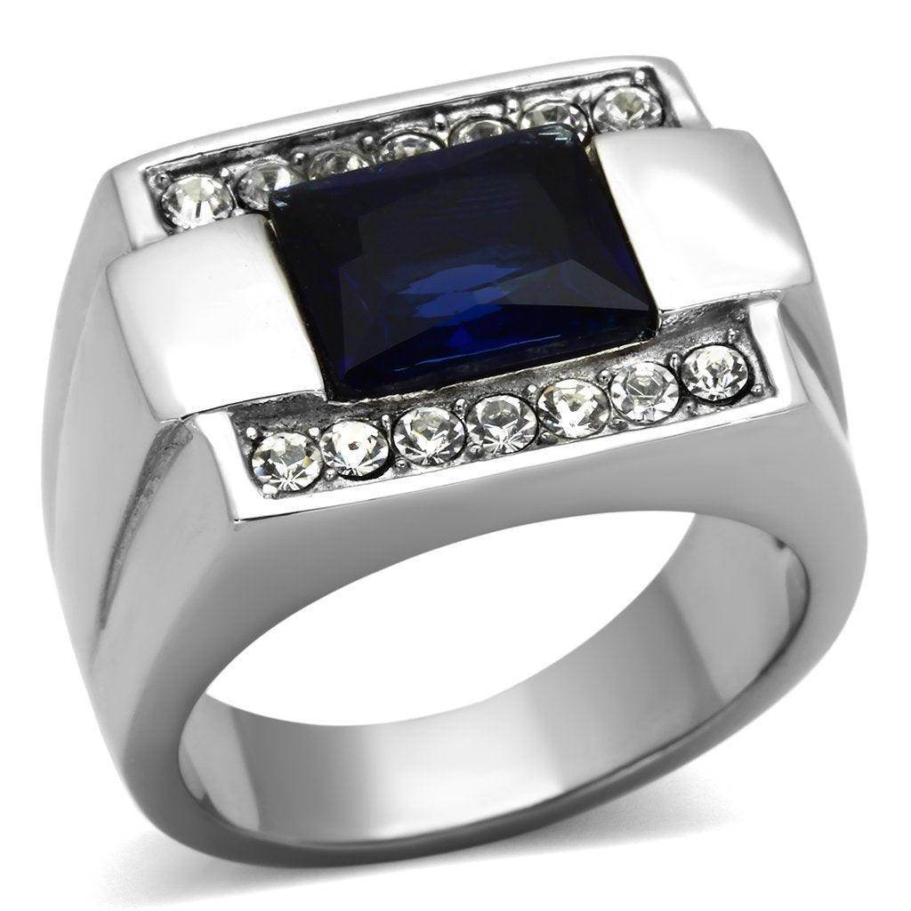 Stylish men's synthetic glass gemstone ring with a blue stone and sparkling clear accents