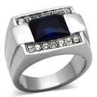 Stylish men's synthetic glass gemstone ring with a blue stone and sparkling clear accents