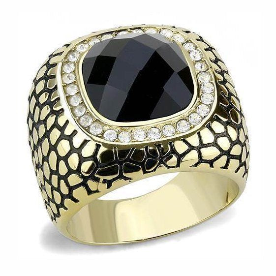 Men's ring featuring a large synthetic glass jewelry for men stone surrounded by sparkling accents