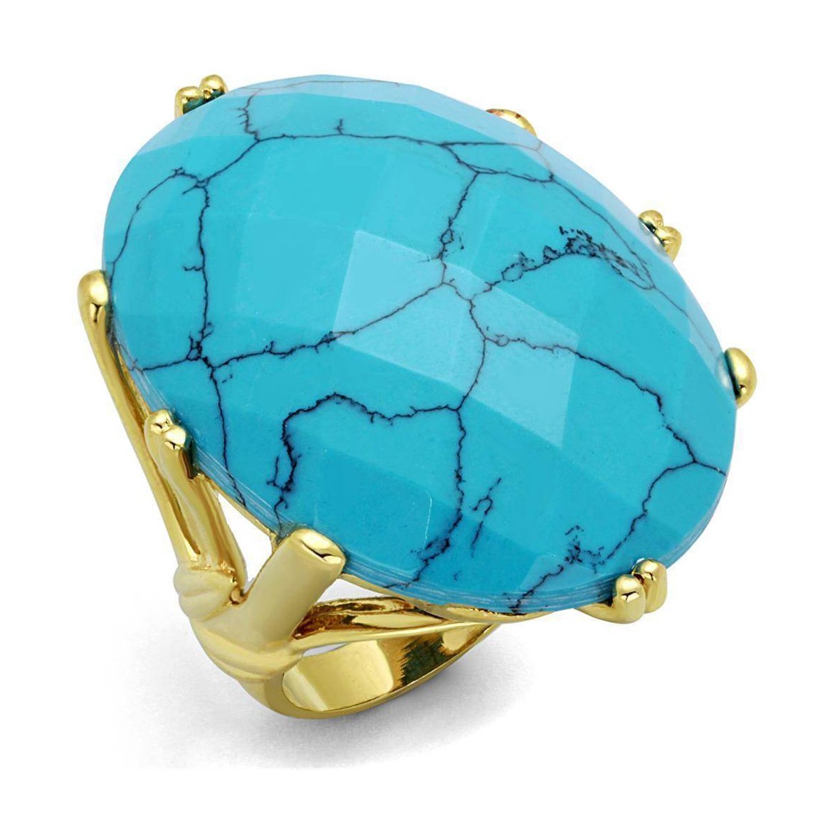 Stunning synthetic turquoise fashion ring with a gold band, featuring a large oval stone