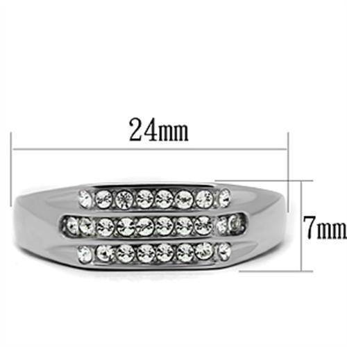 Thick crystal mens ring in silver color with three rows of sparkling crystals for a stylish look