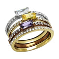 Three tone crystal fashion ring for women featuring sparkling gemstones in yellow, purple, and clear settings