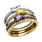 Three tone crystal fashion ring for women featuring sparkling gemstones in yellow, purple, and clear settings