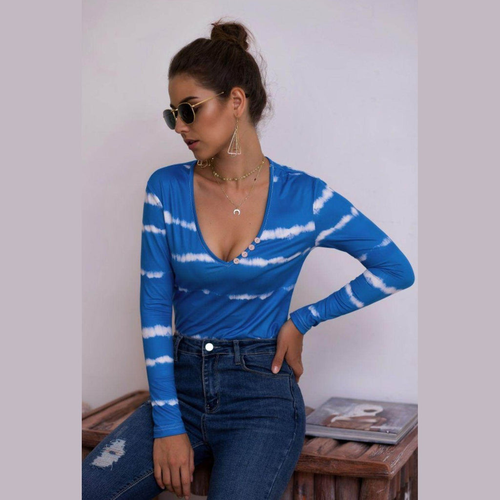 Trendsi tie-dye deep V-neck shirt in blue with long sleeves, styled with high-waisted jeans