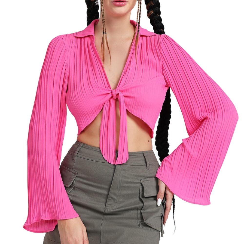 Women's Shirts Tie Front Johnny Collar Flare Sleeve Cropped Top
