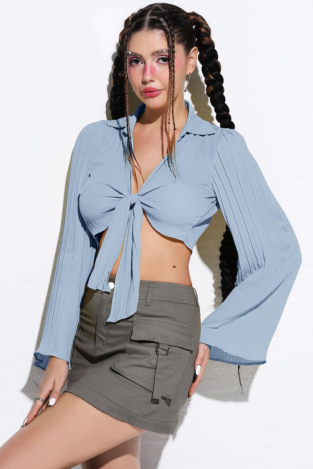 Women's Shirts Tie Front Johnny Collar Flare Sleeve Cropped Top