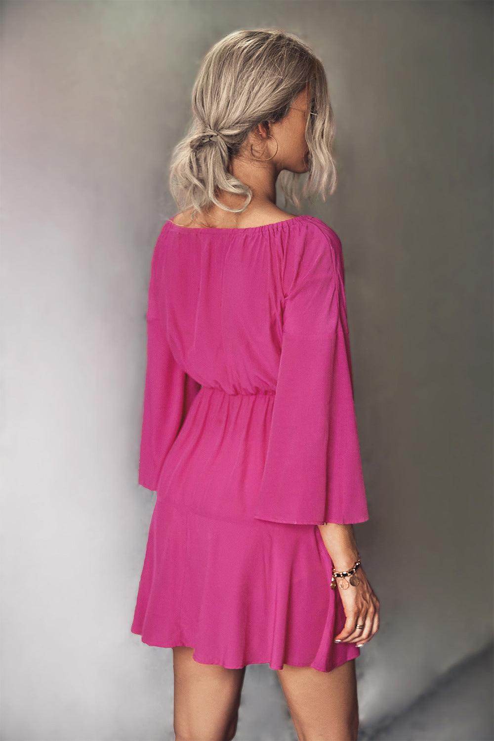 Trendsi Women's Tie Neck Vacation Dress in Pink with a Flared Skirt and Bell Sleeves