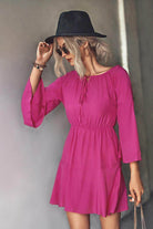 Trendsi tie neck vacation dress in vibrant pink with bell sleeves and a relaxed fit