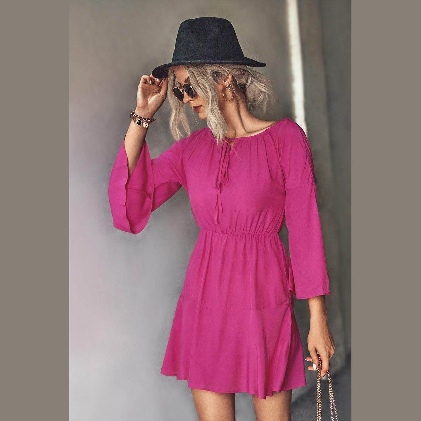Trendsi tie neck vacation dress in vibrant pink with bell sleeves and a relaxed fit