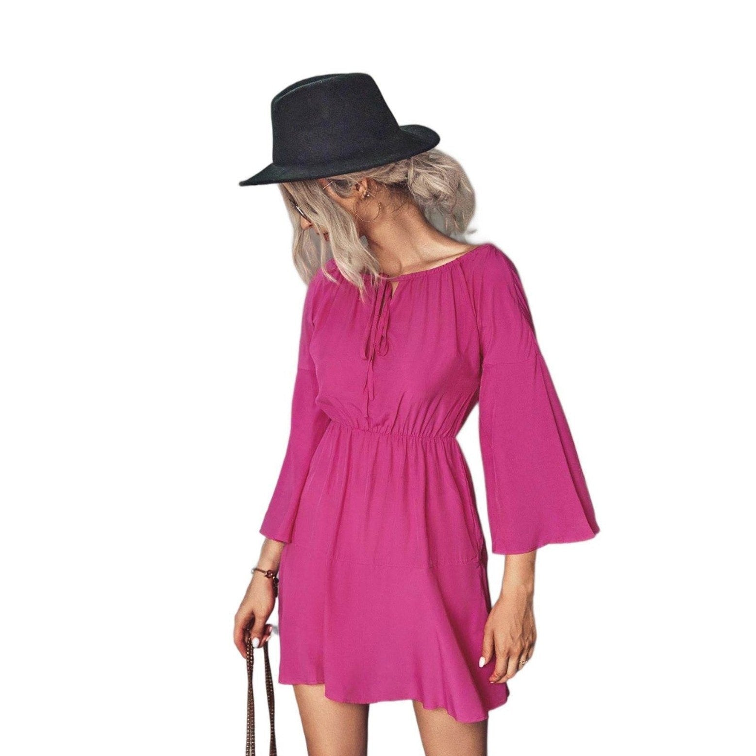 Trendsi tie neck vacation dress in vibrant pink with long bell sleeves and a relaxed fit
