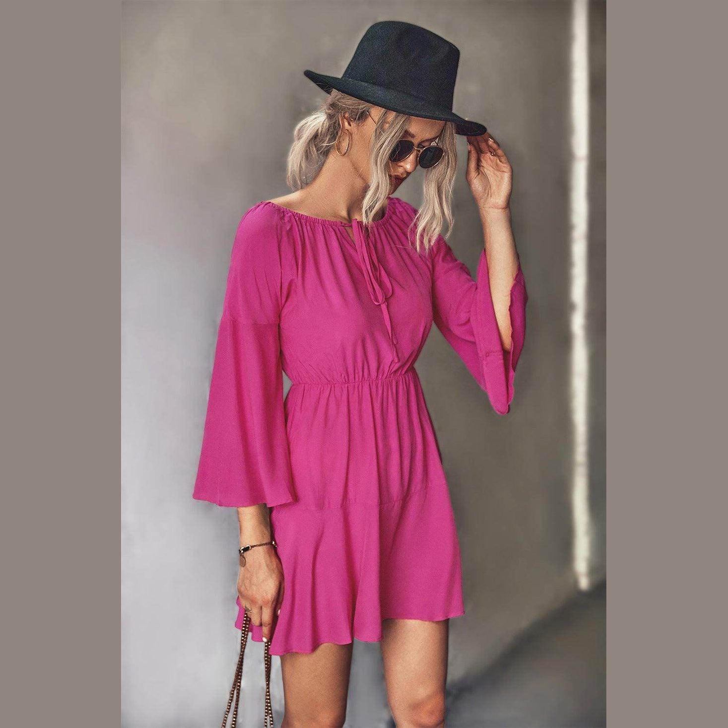 Trendsi Women's Pink Tie Neck Vacation Dress with Bell Sleeves and Adjustable Waist