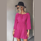 Trendsi Women's Tie Neck Vacation Dress in Bright Pink with Flowy Sleeves and Cinched Waist