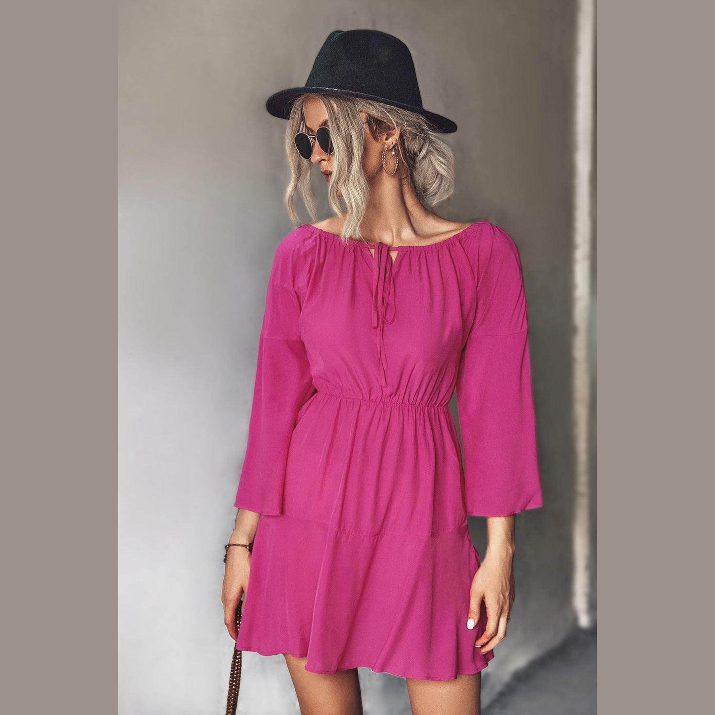 Trendsi Women's Tie Neck Vacation Dress in Bright Pink with Flowy Sleeves and Cinched Waist