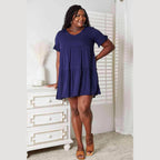 Trendsi tiered summer dress in navy blue with short sleeves and a relaxed fit for casual outings