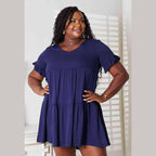 Trendsi tiered summer dress in navy blue with short ruffle sleeves and a relaxed fit