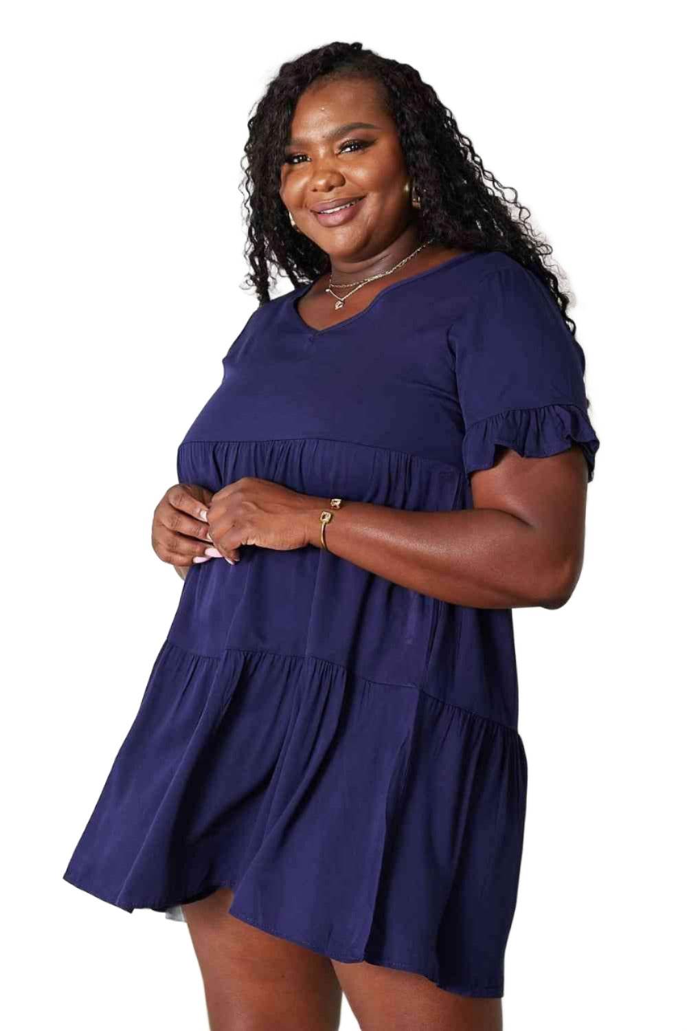 Trendsi tiered summer dress in navy blue, featuring ruffle sleeves and a relaxed fit for warm weather.