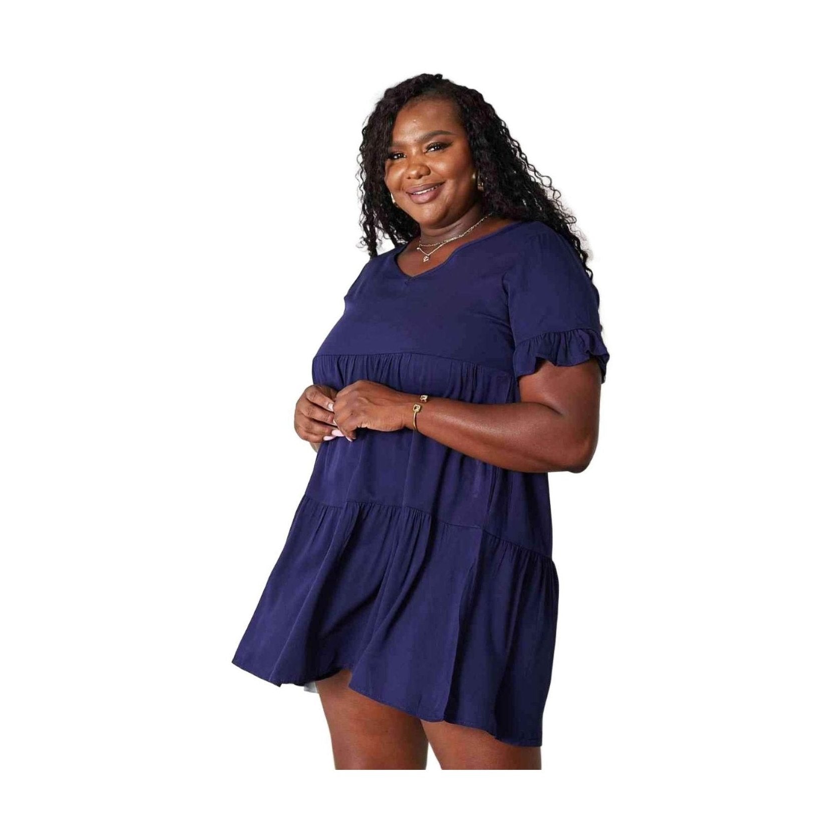 Trendsi tiered summer dress in navy blue, featuring ruffle sleeves and a relaxed fit for warm weather.