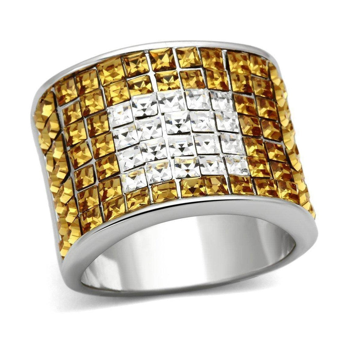 Top grade crystal cocktail ring featuring a gold and silver mosaic design with sparkling gems