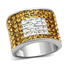 Top grade crystal cocktail ring featuring a gold and silver mosaic design with sparkling gems