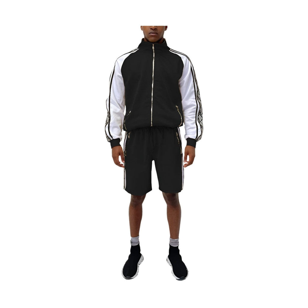 Trendy mens summer outfit featuring a black and white 2PC track set with zip-up jacket and shorts