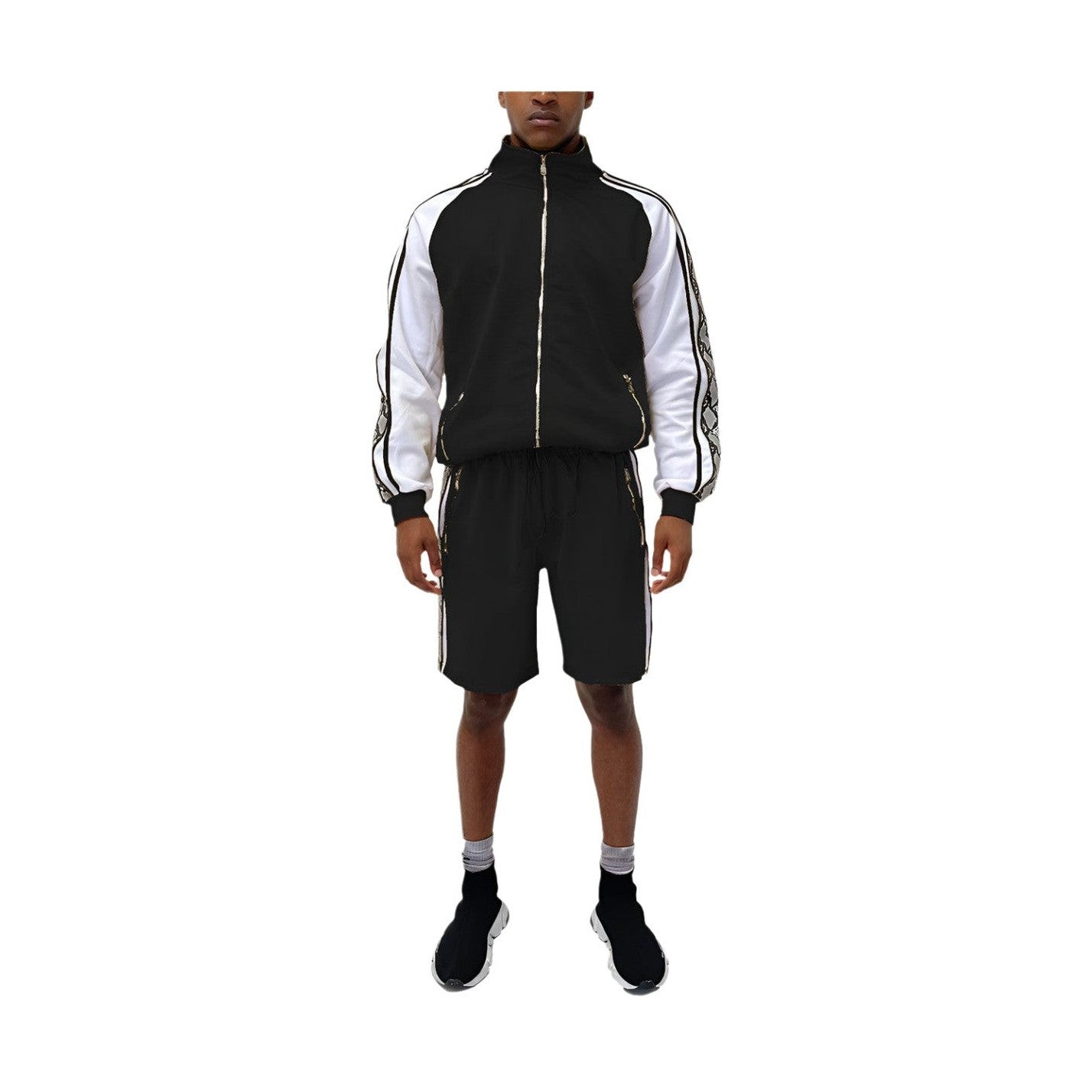 Trendy mens summer outfit featuring a black and white 2PC track set with zip-up jacket and shorts