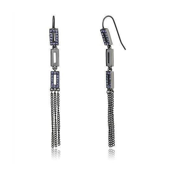 Trendy vacation jewelry for women, featuring elegant dangle earrings with blue stones and chain details