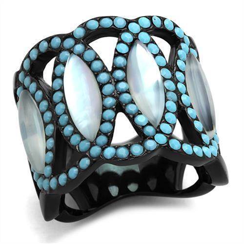 Stunning turquoise inlay statement ring for women with intricate black band and iridescent accents
